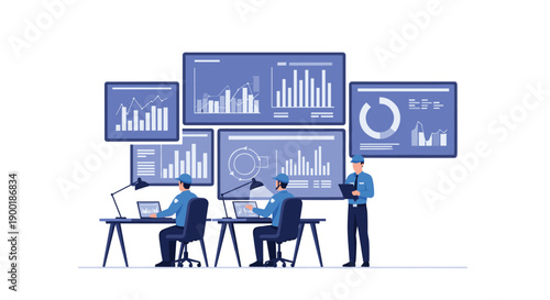 Team of data analysts and a supervisor collaborating at desks, overseeing multiple large screens displaying various