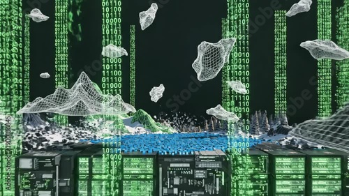 Serene mountain transformed into digital matrix with data flow transitioning from nature to technology