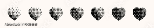 Bitmap halftone pixelated gradient gradation with dither effect hearts set. Retro Y2K game computer tech techno vibe, vintage cyberpunk grain noise bit pixel art feel, digital mood illustration. 