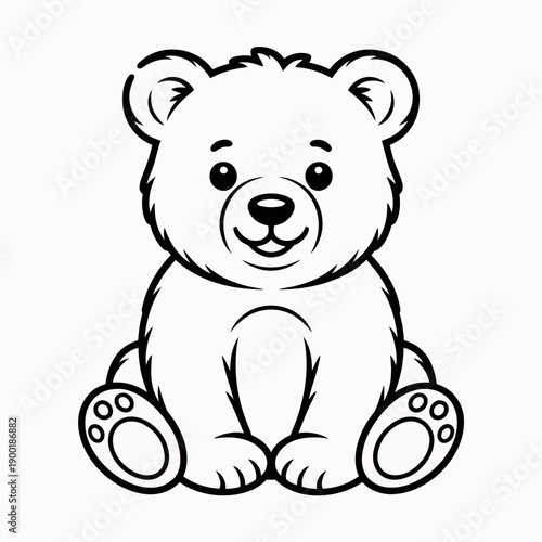 A cute and simple black and white illustration of a sitting polar bear cub isolated on white background, Vector, illustration