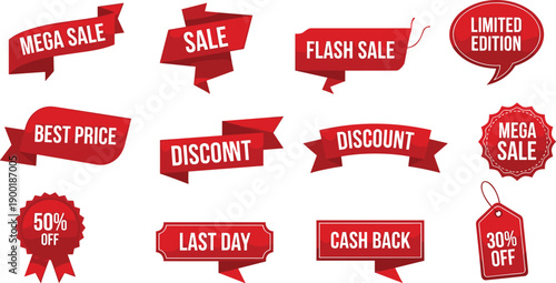 Sale banner label set with discount ribbons, mega sale and flash offer tags for marketing promotion, e commerce design, vector illustration