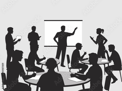 Business team collaborating in a modern office meeting with presentation tools isolated on white background, Vector, illustration