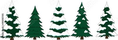 Snowy pine tree set with winter evergreen forest elements, Christmas nature illustration for holiday design, seasonal decoration, vector collection