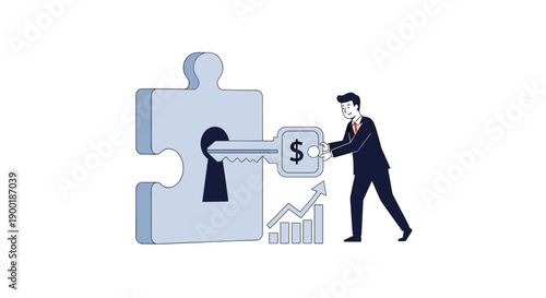 Confident businessman pushing a golden dollar-sign key into a puzzle keyhole, initiating financial growth and business