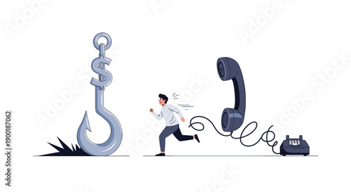 Stressed man running away from a dollar-sign fishing hook, fleeing towards an old telephone, symbolizing avoidance of