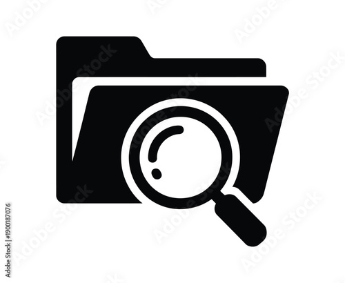 A black and white icon of a file folder with a magnifying glass searching for something
