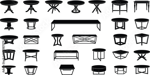 Table silhouette icon set with round and square furniture designs, black dining and coffee tables for interior design, vector illustration