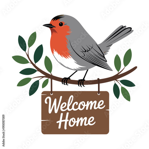 A colorful bird perches on a branch with a welcome home sign