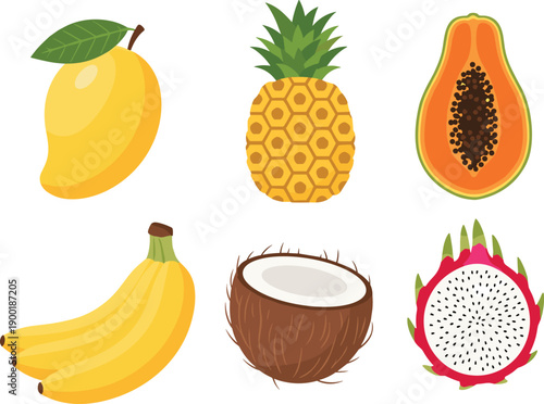 Tropical fruit set with mango, pineapple, papaya, banana, coconut, dragon fruit icons for healthy food design, vector illustration