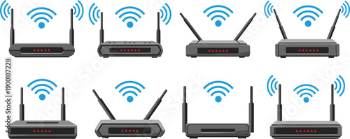 WiFi router set with wireless internet devices, modem network equipment icons for technology, communication, connectivity, vector illustration