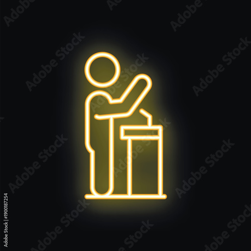 Neon icon of a politician raising his hand while speaking from a tribune