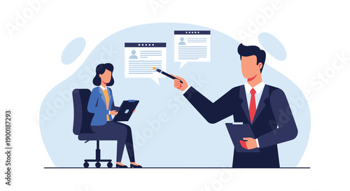 Professional businessman presenting profile documents to a seated woman on a laptop, facilitating discussion and