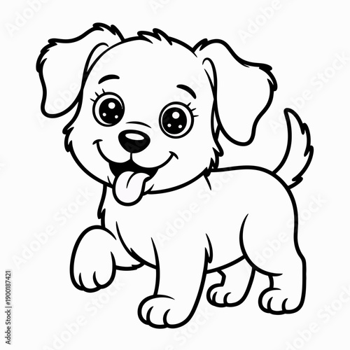 A cheerful cartoon puppy sitting and looking up with a wagging tail isolated on white background, Vector, illustration