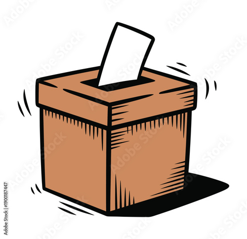 A cartoon illustration of a brown ballot box with a white voting slip being inserted into it.