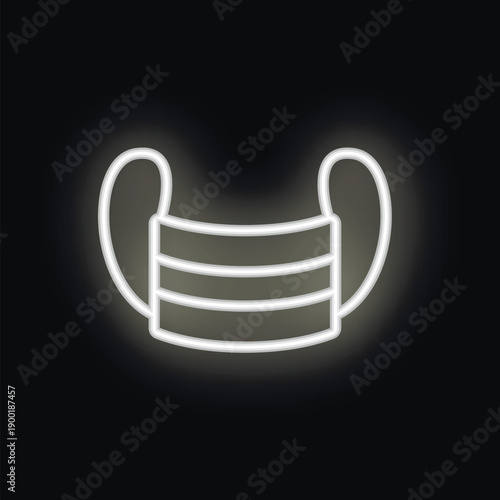 White neon sign of a face mask glowing on a black background