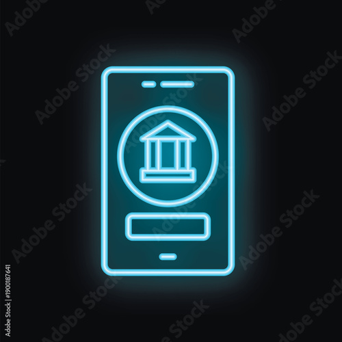 Glowing neon blue icon of a mobile banking app showing the concept of online finances