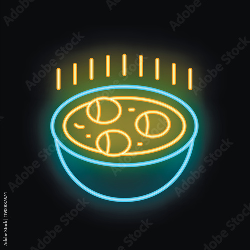 Neon sign of a hot bowl of soup with dumplings steaming