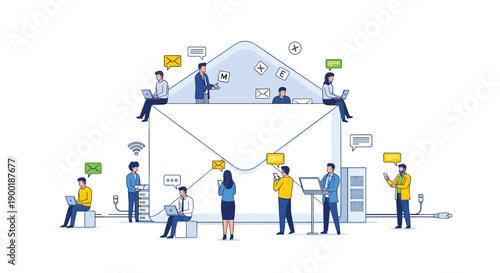 Large group of diverse people engaged in various digital communications around a huge open email envelope, symbolizing