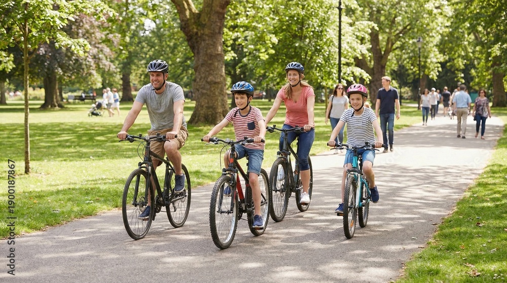 Fototapeta premium Happy family cycling in sunny city park, parents and children riding bicycles on paved path, active weekend recreation for summer travel and Fathers Day