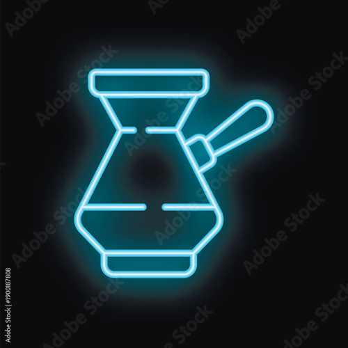 Blue neon sign of traditional coffee pot with long handle glowing in the dark