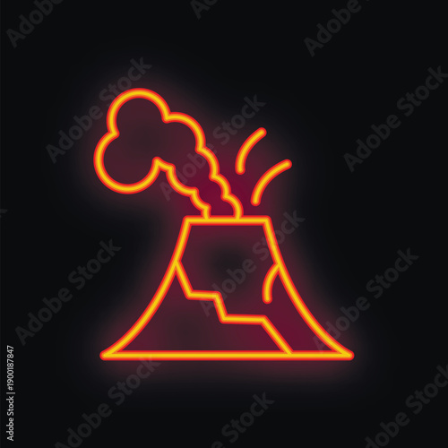 Minimalist vector illustration of a bright neon volcano erupting with smoke and lava, on a black background