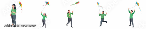 Colorful Flat Illustration of Children Playing with Kite Various Poses Set