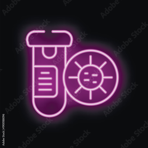 Glowing neon icon of medical test tube containing virus sample, representing laboratory analysis and scientific research