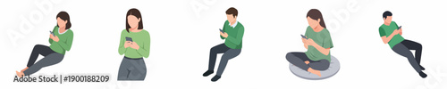 Flat Style Diverse People Using Mobile Phones Characters Set Illustration