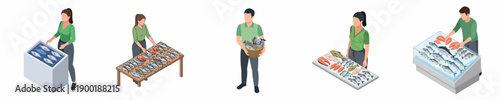 Isometric Illustration of People Selling and Buying Fresh Fish at Market