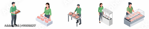 Isometric Flat Design Butcher Shop Scene with People and Meat Selection