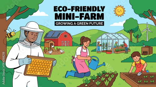 Eco-Friendly Mini-Farm Illustration: Cultivating a Green Future with Sustainable Practices, Renewable Energy, and Community Gardening for a Healthy Planet and a Brighter Tomorrow