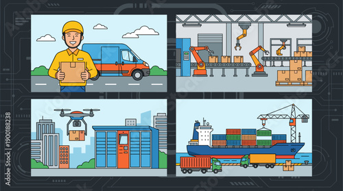 Streamlined Logistics: A Vision of Modern Delivery Services, Automated Warehouses, Drone Shipments, and Global Container Shipping, Illustrated in a Contemporary Style