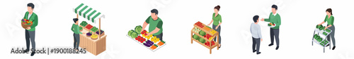 Isometric Style Detailed Fruit and Vegetable Market Stall People Illustration