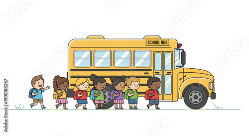 Line of cheerful diverse school children walking orderly towards a bright yellow school bus, ready for their daily