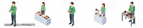 Detailed Isometric People at Dessert and Pastry Stand Booth Illustration