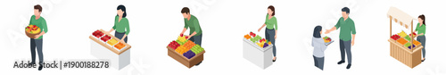 Isometric People and Fruit Market Stall with Various Fruit Illustrations
