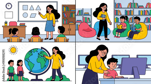 Diverse Learning Environments Depicted in Cartoon Style: Teacher Educating Students in Classroom, Library, Geography, and Computer Lab Scenarios, Promoting Educational Themes