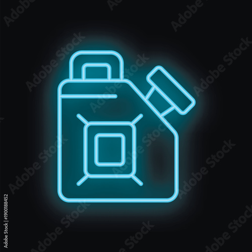 Bright blue neon illustration of a jerrycan glowing against a dark background