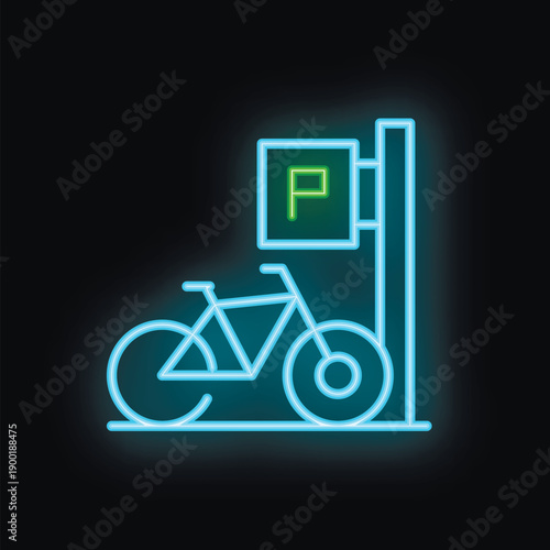 Bright neon icon depicting bicycle parking encourages sustainable urban mobility