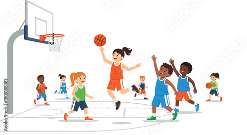 Energetic group of diverse kids playing basketball on an indoor court, with one child jumping to score a basket