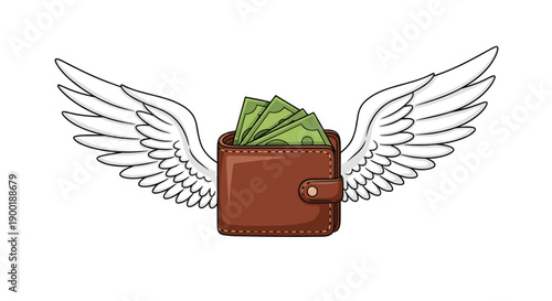 Brown leather wallet filled with green dollar bills, growing white wings and flying away, symbolizing rapid financial