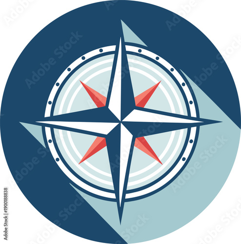 Compass navigation vector illustration in flat style. Round compass icon with directional needle and cardinal marks. Travel, GPS, location and navigation concept suitable for mobile apps, maps, touris