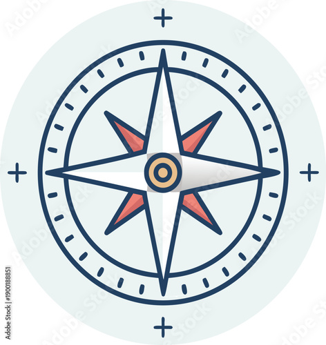 Compass navigation vector illustration in flat style. Round compass icon with directional needle and cardinal marks. Travel, GPS, location and navigation concept suitable for mobile apps, maps, touris