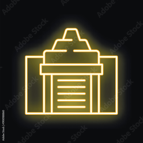 Yellow glowing neon icon of a shredder destroying a document, ideal for topics like data protection and security