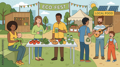 Vibrant Eco-Fest Scene: Community Gathering with Local Food, Music, and Sustainable Living, Celebrating Green Initiatives and Healthy Lifestyles in a Lively Outdoor Environment