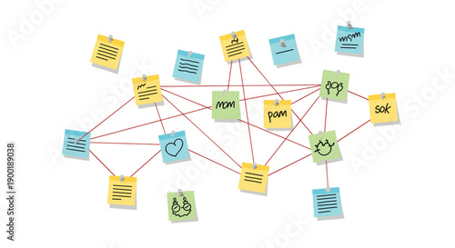 Dynamic network of colorful sticky notes with doodles, pinned and interconnected by red lines, on a white background.