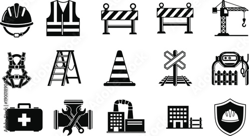 Construction safety icon set with helmet, vest, barriers, crane, tools, industrial equipment symbols for engineering design, vector illustration