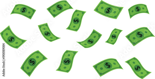 Flying money dollar bills illustration with green cash symbols, finance wealth concept for business, savings, income, vector design
