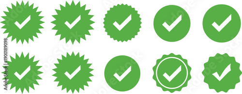 Green check mark badge set with approval icons, quality verification symbols for certification, guarantee, success, vector illustration design