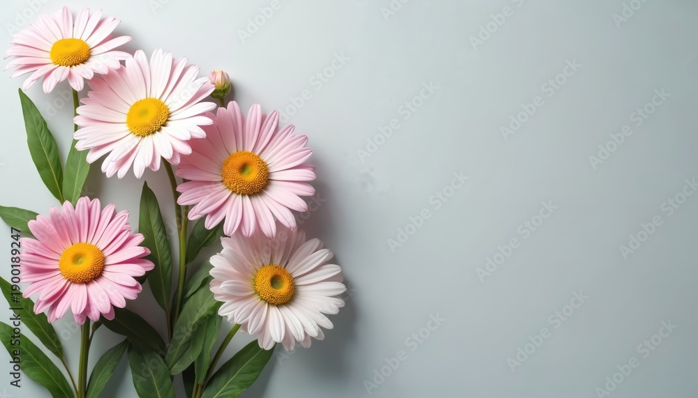 Fototapeta premium Pink daisies with yellow centers bloom on green stems against a soft blue backdrop. These simple flowers offer fresh, natural beauty for design projects.